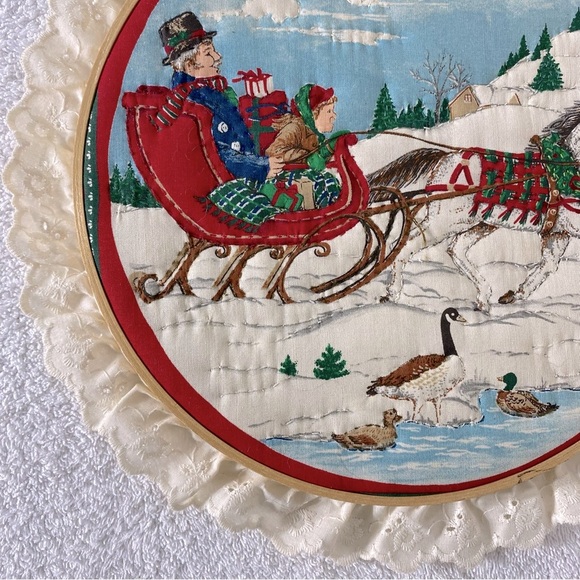 Vintage Handmade Winter Festive Embroidered Holiday Wall Art with Lace Trim - Picture 5 of 8